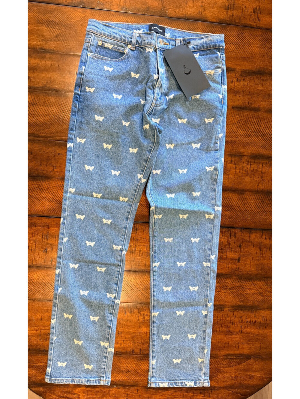 Black Scale Skull Butterfly Denim Jeans Blue Men's 30 NWT Button Fly Stretch